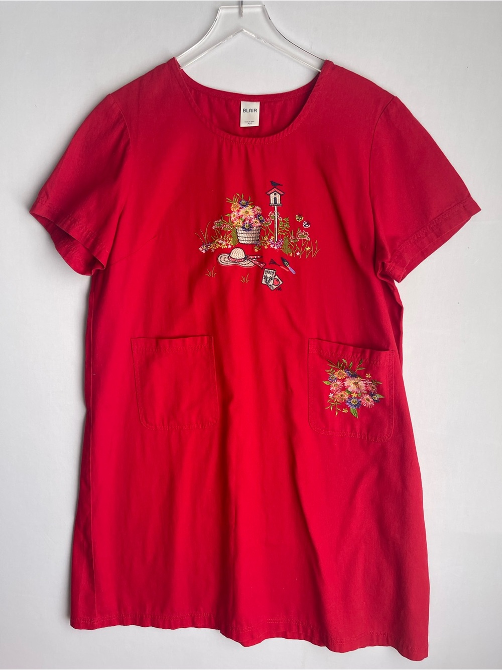 Red Cotton Chore Dress Gardening Embroidery XL